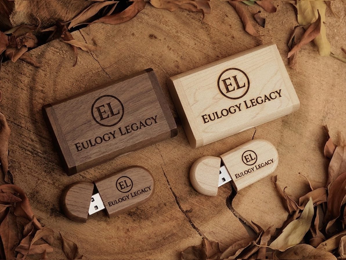 Two wooden Eulogy Legacy keepsake boxes and two wooden USB drives, each laser-engraved with the Eulogy Legacy mark, resting on a tree-stump surface with autumn leaves